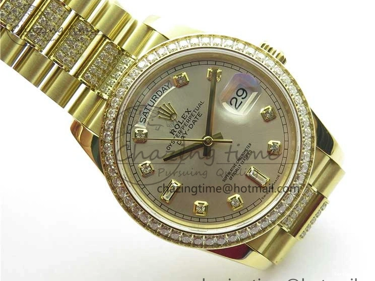 0212 DailyWear Day-Date 36mm 128235 YG Crystal BP Best Edition Silver Crystal Marker Dial on YG President Bracelet A 2676